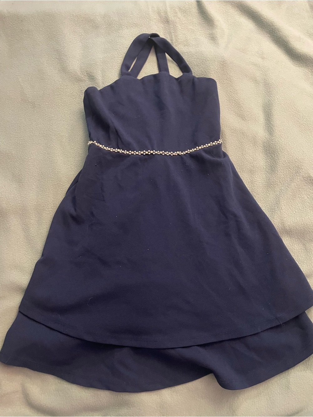 Girls Navy Halter Dress with Beaded Waist